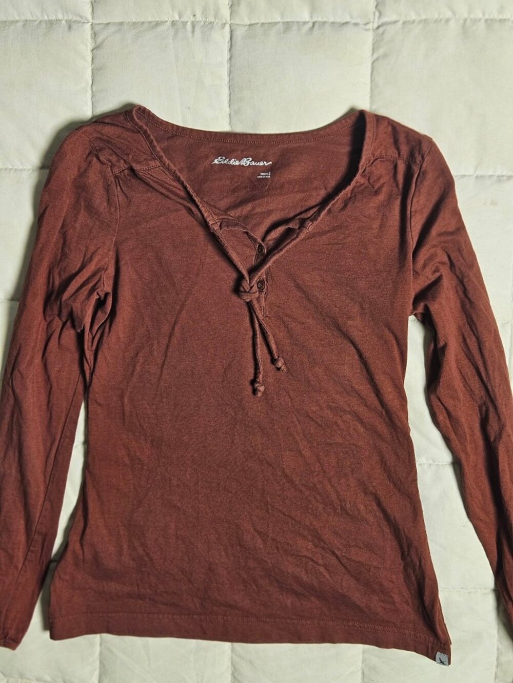 Eddie Bauer Top Womens S Brown Tie Neck Long Sleeve Blouse Casual